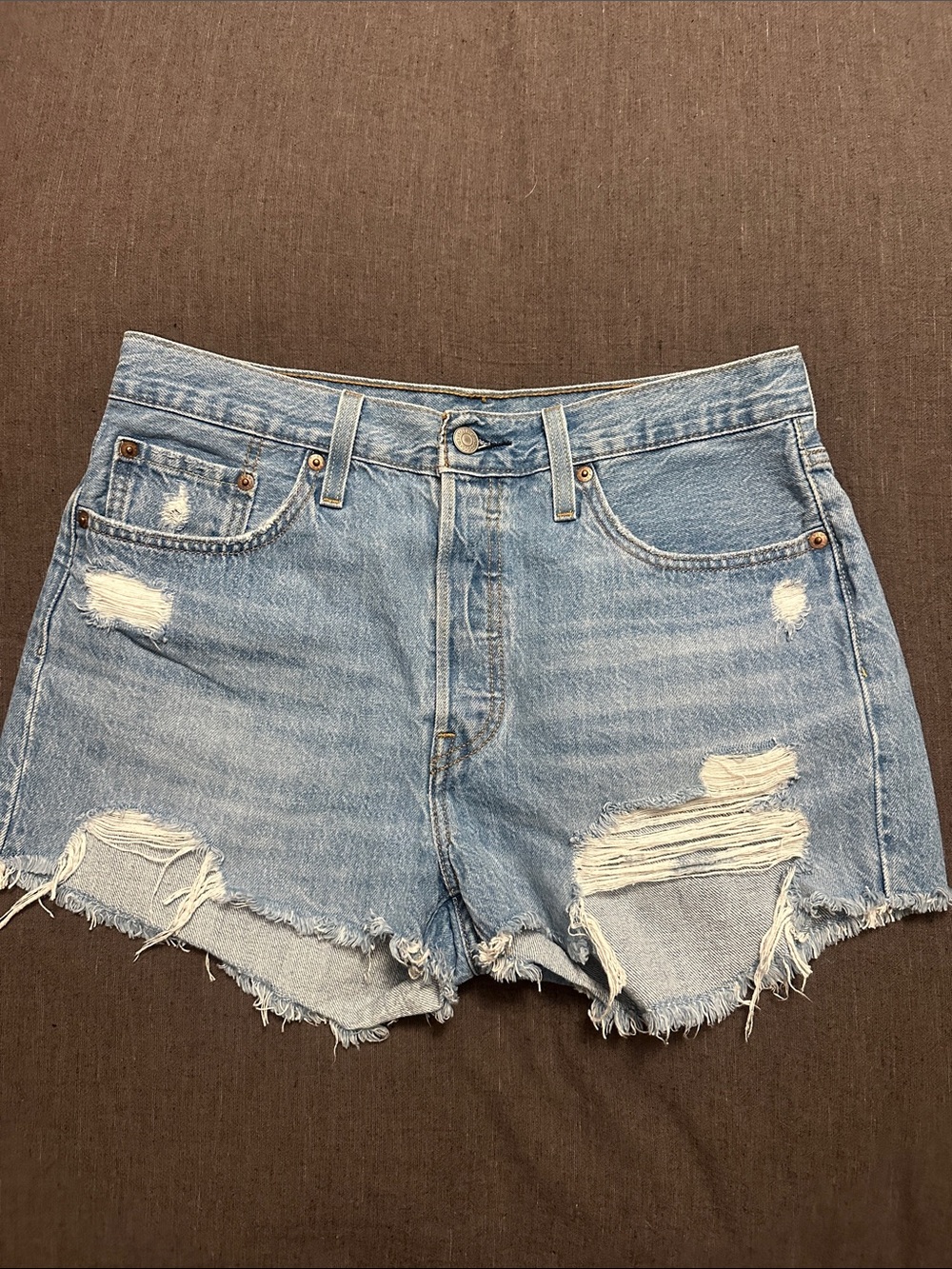 Light Blue Distressed Button Fly Denim Cutoff Shorts